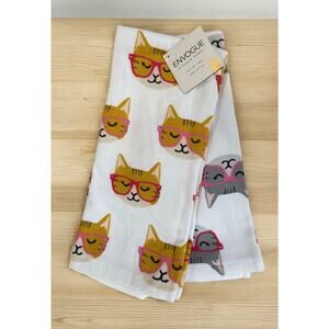 NWT En Vogue Grey & Orange Tabby Cat Cats in Pink Glasses 2 Kitchen Towel Set